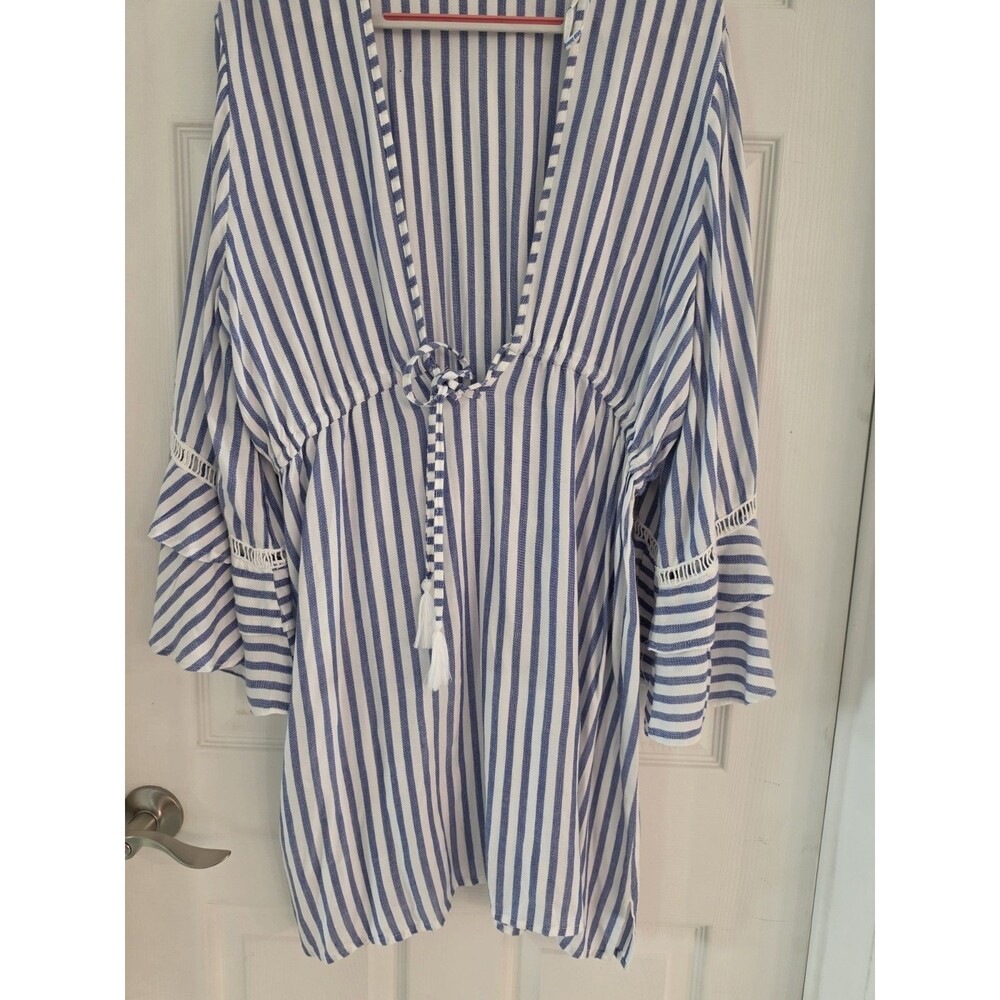 NWOT Blue Island 100% Rayon White Stripe Beach Cover-Up Dress Bell Sleeves XL - Picture 8 of 9